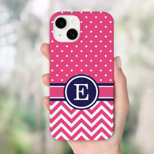 Pink and Navy Preppy Chevron Dots Monogram Case-Mate iPhone 14 Case