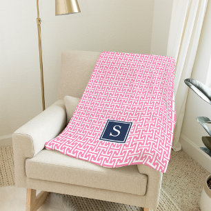 Pink and Navy Preppy Pattern Monogram Fleece Blanket