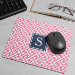 Pink and Navy Preppy Pattern Monogram Mouse Pad<br><div class="desc">Add a personalized touch to your desk setup with our preppy-chic monogrammed mousepad. Design features a modern geometric greek-inspired pattern in bright candy pink and white, with your single initial monogram displayed on a navy blue square badge. If not monogramming, simply delete the sample initial and click "clear" to remove...</div>