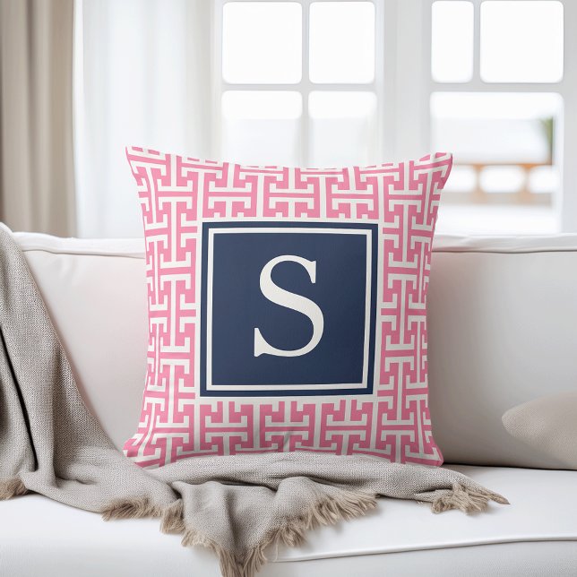 Pink and Navy Preppy Pattern Monogram Throw Pillow (Creator Uploaded)