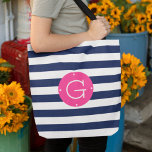 Pink and Navy Stripe Monogram Tote Bag<br><div class="desc">Personalize this chic navy blue and white striped tote bag with your single initial monogram on a bright and colourful magenta pink circle badge.</div>