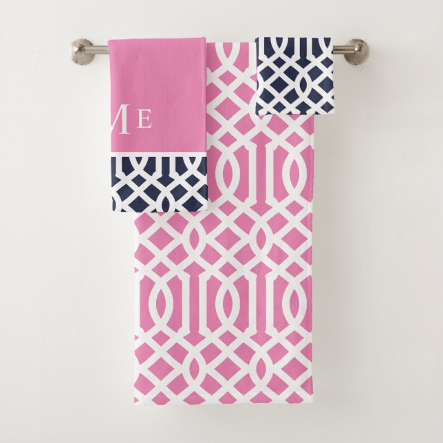 Pink and Navy Trellis Monogram Bath Towel Set (Insitu)