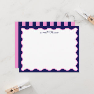 Pink and Navy Wavy Frame Note Card with Striped Ba