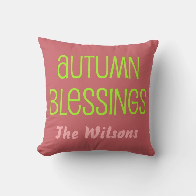 Pink and Neon Green Autumn Blessings Family Throw Pillow (Front)