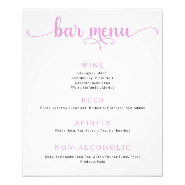 Pink and Off White Wedding Bar Menu Poster (Front)