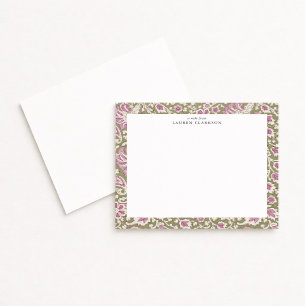 Pink and Olive Hand-Block Inspired Floral Note Car Invitation