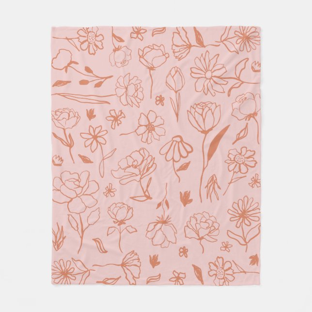 Pink And Orange Abstract Floral Botanical Ink Art  Fleece Blanket (Front)
