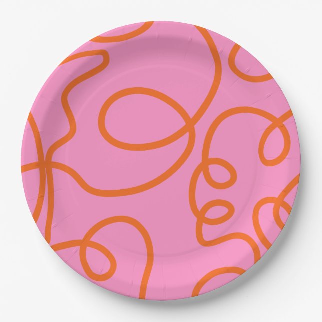 Pink And Orange Abstract Lines Brush Strokes Paper Plate (Front)