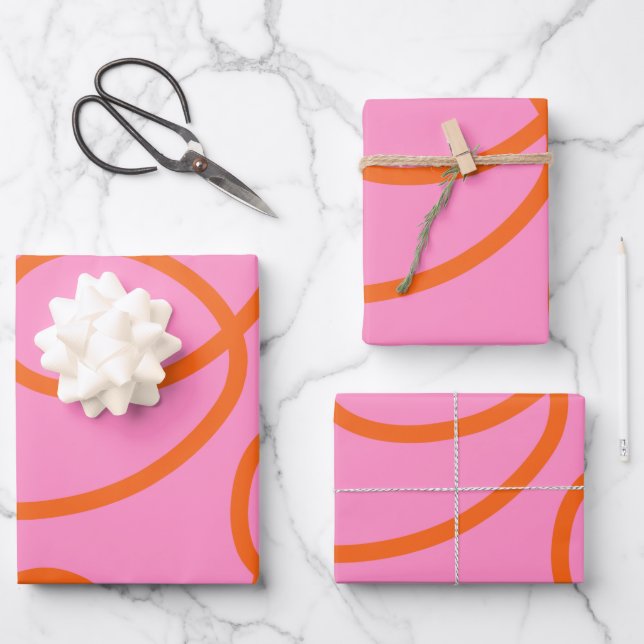 Pink And Orange Abstract Lines Brush Strokes Wrapping Paper Sheet (Front)