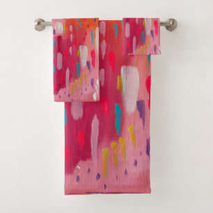 Pink and Orange Brush Marks Abstract  Bath Towel Set