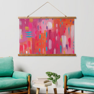 Pink and Orange Brush Marks Abstract  Hanging Tapestry