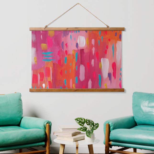 Pink and Orange Brush Marks Abstract  Hanging Tapestry (Living Room)