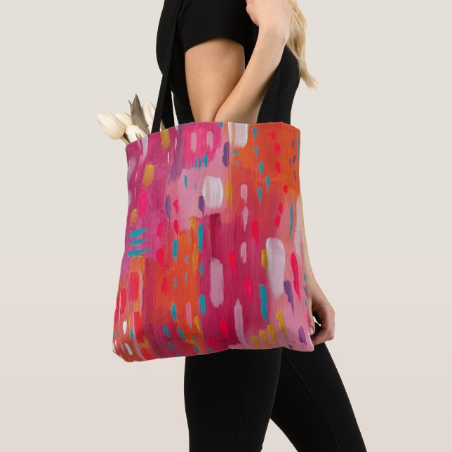Pink and Orange Brush Marks Abstract Tote Bag (Close Up)