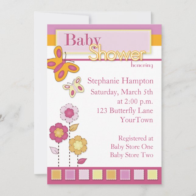 Pink and Orange Butterfly Baby Shower Invitation (Front)