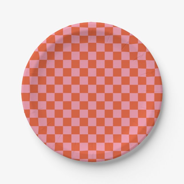 Pink and Orange Check Round Paper Plate (Front)