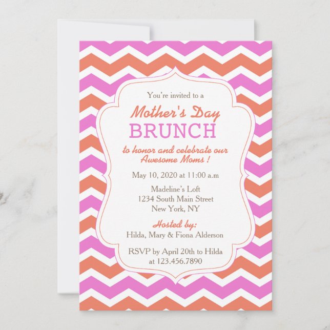 Pink and Orange Chevron Mother's Day Brunch Party Invitation (Front)