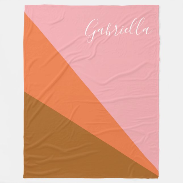 Pink and Orange Colour Block Geometric Personalize Fleece Blanket (Front)