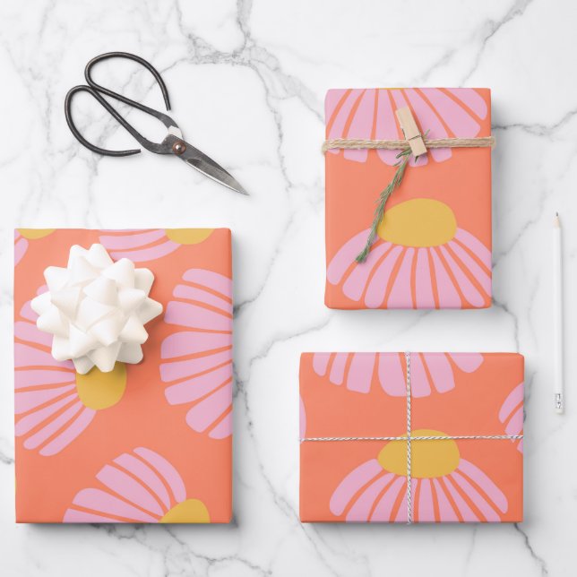 Pink and Orange Daisy Flower Pattern Wrapping Paper Sheet (Front)
