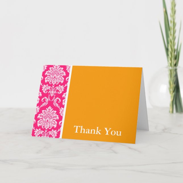 Pink and Orange Damask Thank You Card (Front)