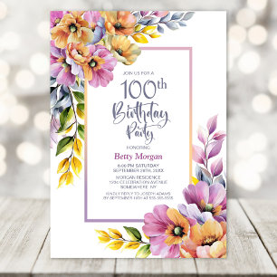 Pink and Orange Floral 100th Birthday Party Invitation