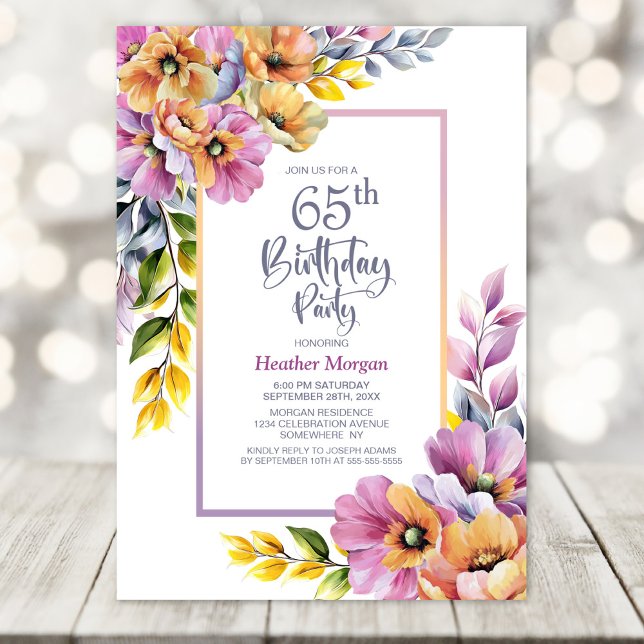 Pink and Orange Floral 65th Birthday Party Invitation (Creator Uploaded)