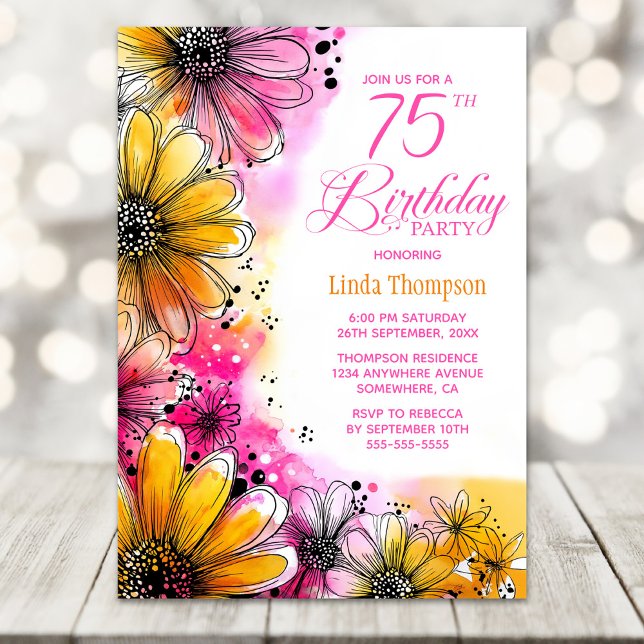 Pink and Orange Floral 75th Birthday Party Invitation (Creator Uploaded)