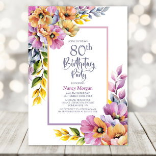 Pink and Orange Floral 80th Birthday Party Invitation