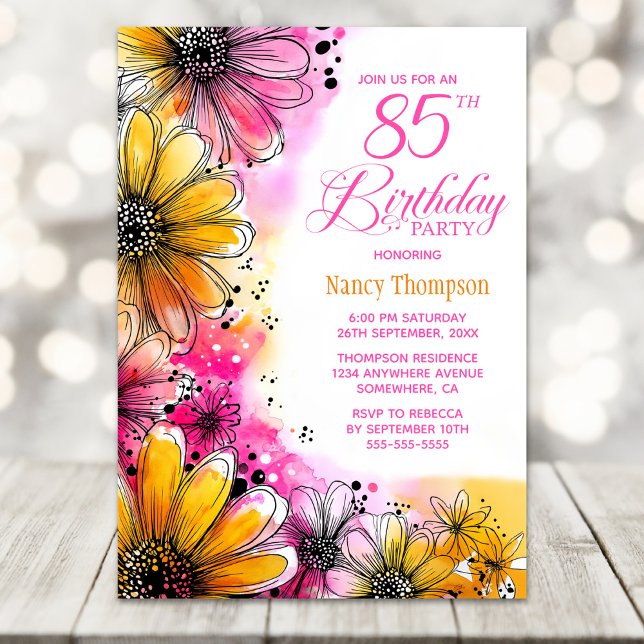 Pink and Orange Floral 85th Birthday Party Invitation (Creator Uploaded)