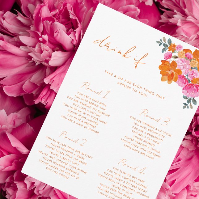 Pink and Orange Floral Drink If Bridal Shower Game Invitation (Creator Uploaded)