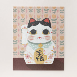Pink and orange floral lucky cat puzzle