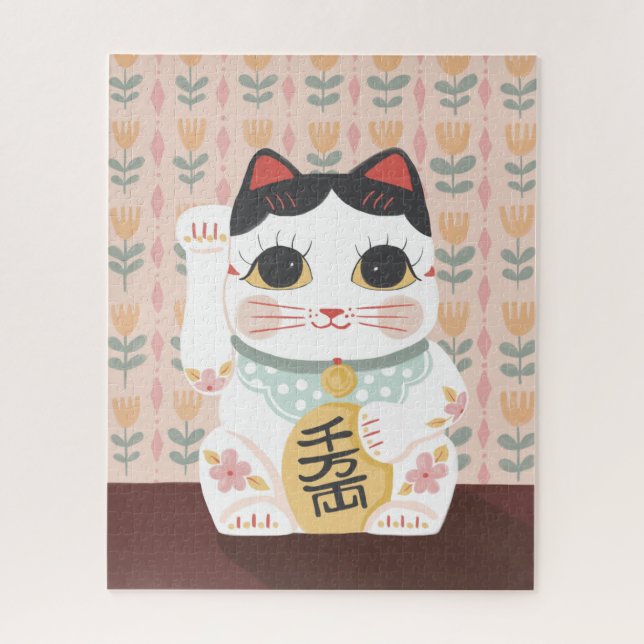 Pink and orange floral lucky cat puzzle (Vertical)