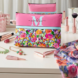 Pink and orange floral personalized accessory pouch