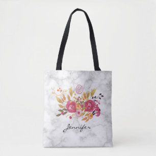 Pink and Orange Flower Bouquet on Marble Texture Tote Bag