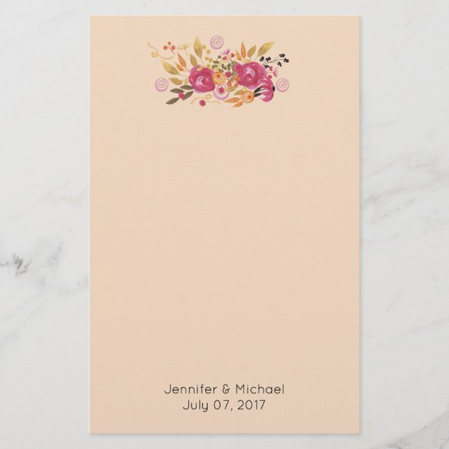 Pink and Orange Flower Bouquet on Peach Background Stationery (Front)