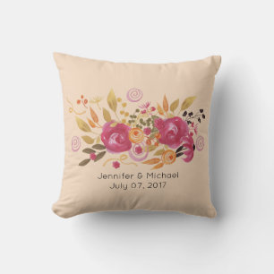 Pink and Orange Flower Bouquet on Peach Background Throw Pillow