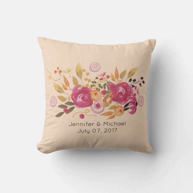 Pink and Orange Flower Bouquet on Peach Background Throw Pillow (Front)
