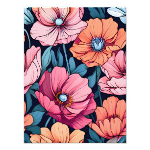 Pink and Orange Flowers on Black Photo Print