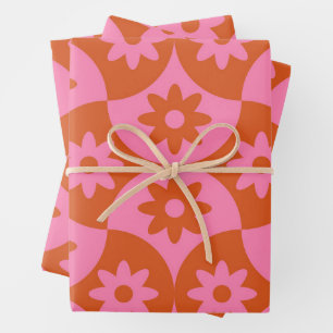 Pink and Orange Flowers on Mid Century Scallop  Wrapping Paper Sheet