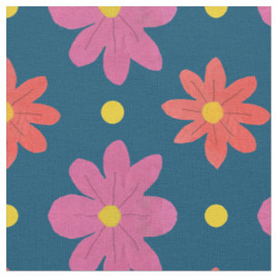 Pink and Orange Flowers, Polka Dots on Blue Fabric