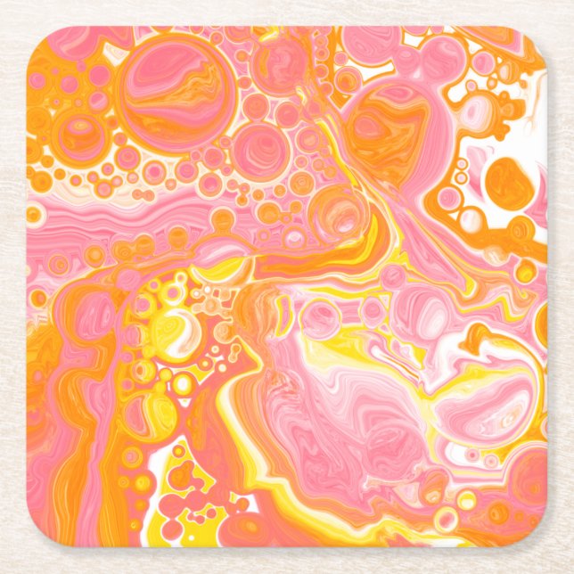 Pink and Orange Fluid Art  Square Paper Coaster (Front)