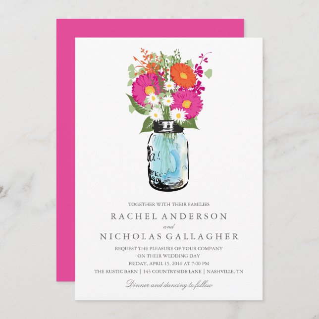 Pink and Orange Gerber Daisies Mason Jar Wedding Invitation (Front/Back)