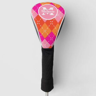 Pink and Orange Golfing Argyle Preppy Personalized Golf Head Cover