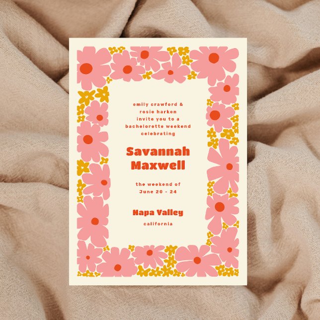 Pink and Orange Groovy Blooms Boho Bachelorette Invitation (Creator Uploaded)