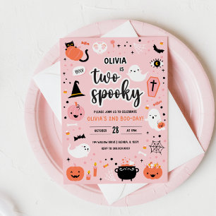 Pink and Orange Halloween 2nd Birthday Invitation 