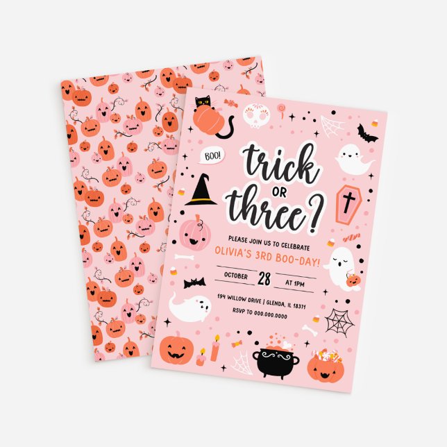 Pink and Orange Halloween 3rd Birthday Invitation  (Pink and Orange Halloween 3rd Birthday Invitation )