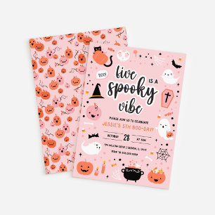Pink and Orange Halloween 5th Birthday Invitation 