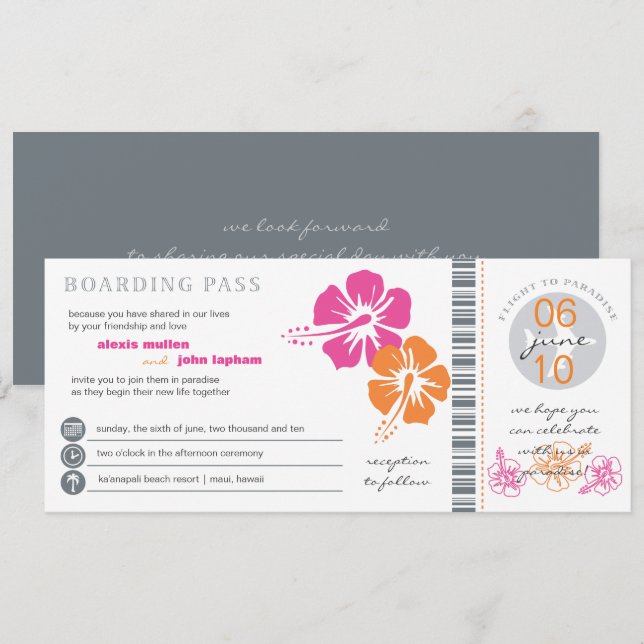 Pink and Orange Hibiscus Boarding Pass Wedding Invitation (Front/Back)