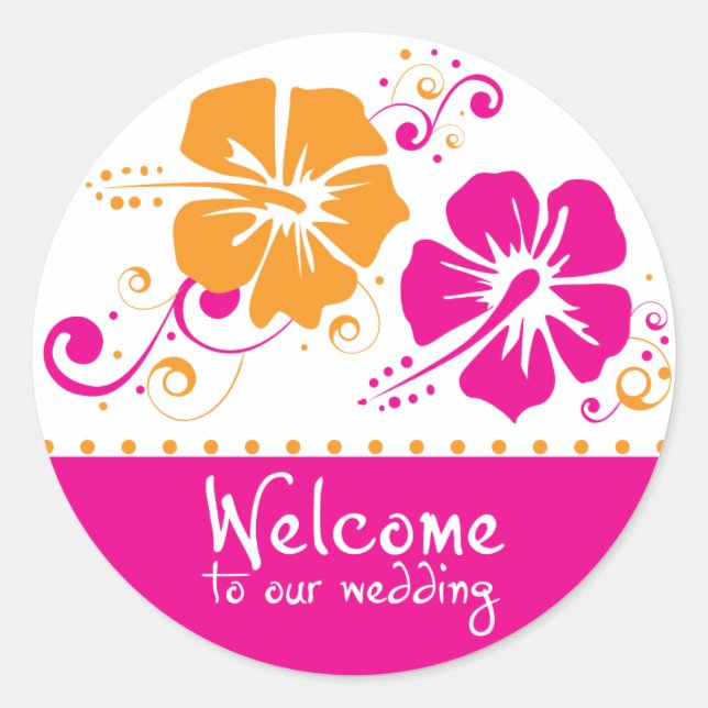 Pink and Orange Hibiscus Flower Wedding Wedding Classic Round Sticker (Front)