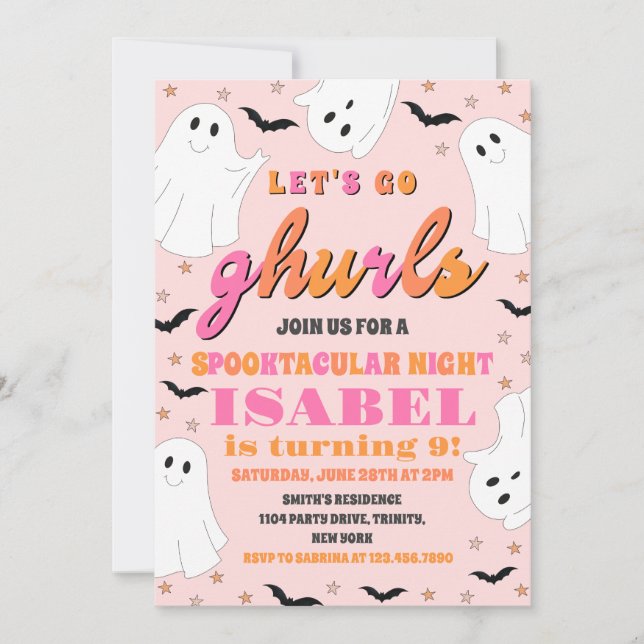 Pink and Orange Let's Go Ghurls Halloween Birthday Invitation (Front)
