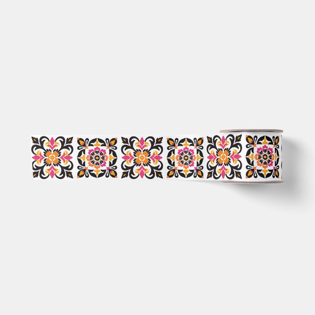 Pink and Orange Mexican Folk Tile Satin Ribbon (Front)